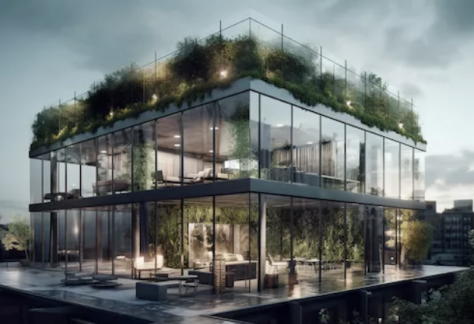 Ein modernes Gebaeude mit Dachbegrünung