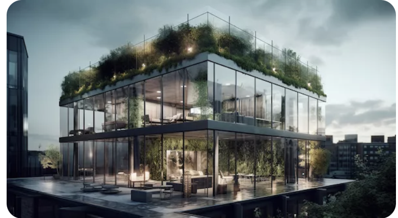 Ein modernes Gebaeude mit Dachbegrünung