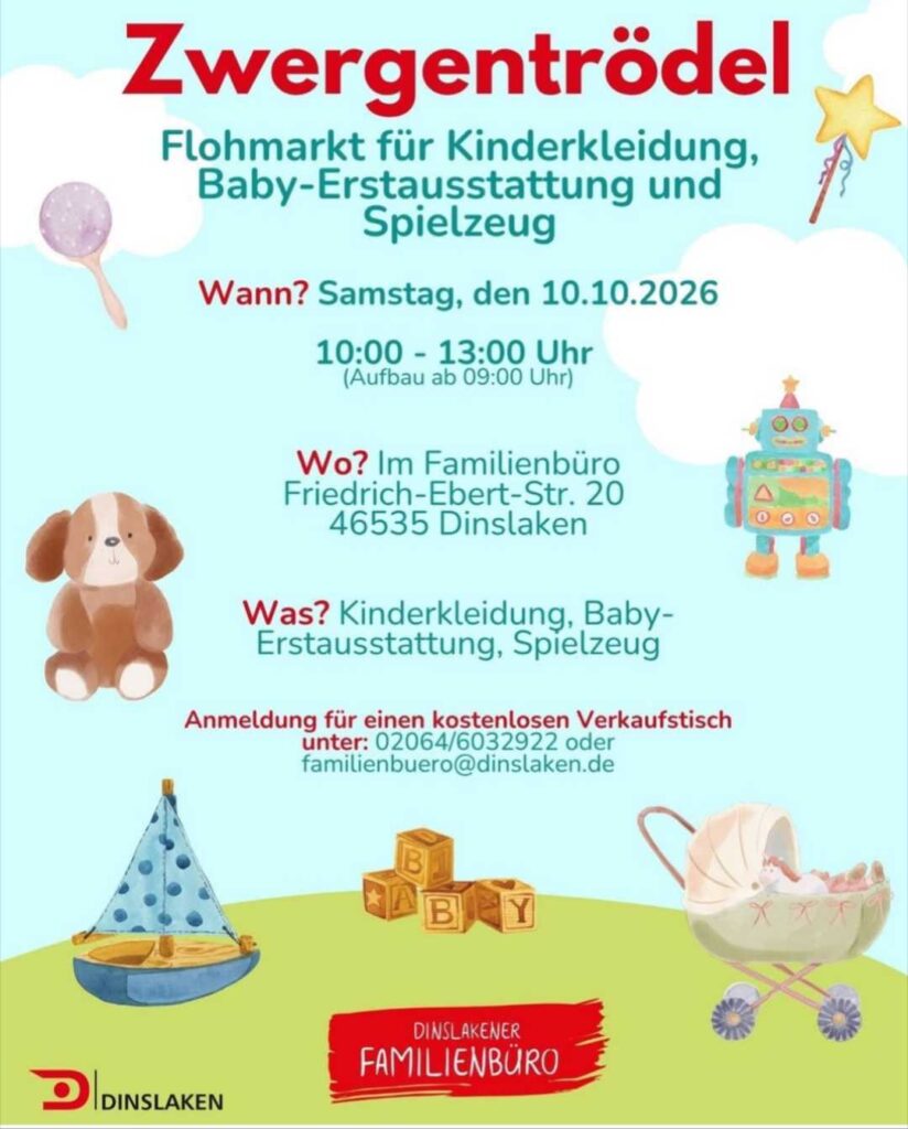 Flyer für den Flohmarkt "Zwergentrödel" am 10.10.2026 im Familienbüro Dinslaken (Kinderkleidung, Baby-Erstausstattung und Spielzeug).